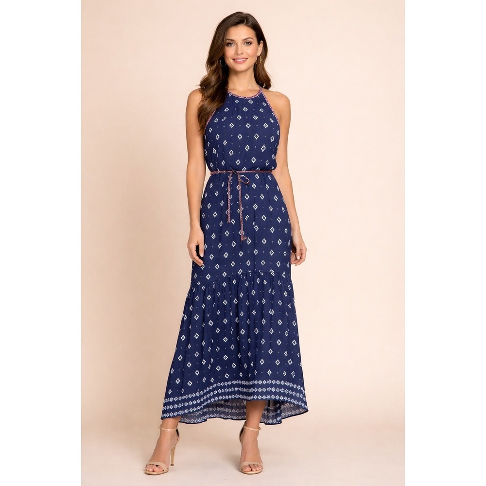 C. Wonder Halter Maxi Dress Womens 14 Blue Geometric Ikat Tiered Boho Summer